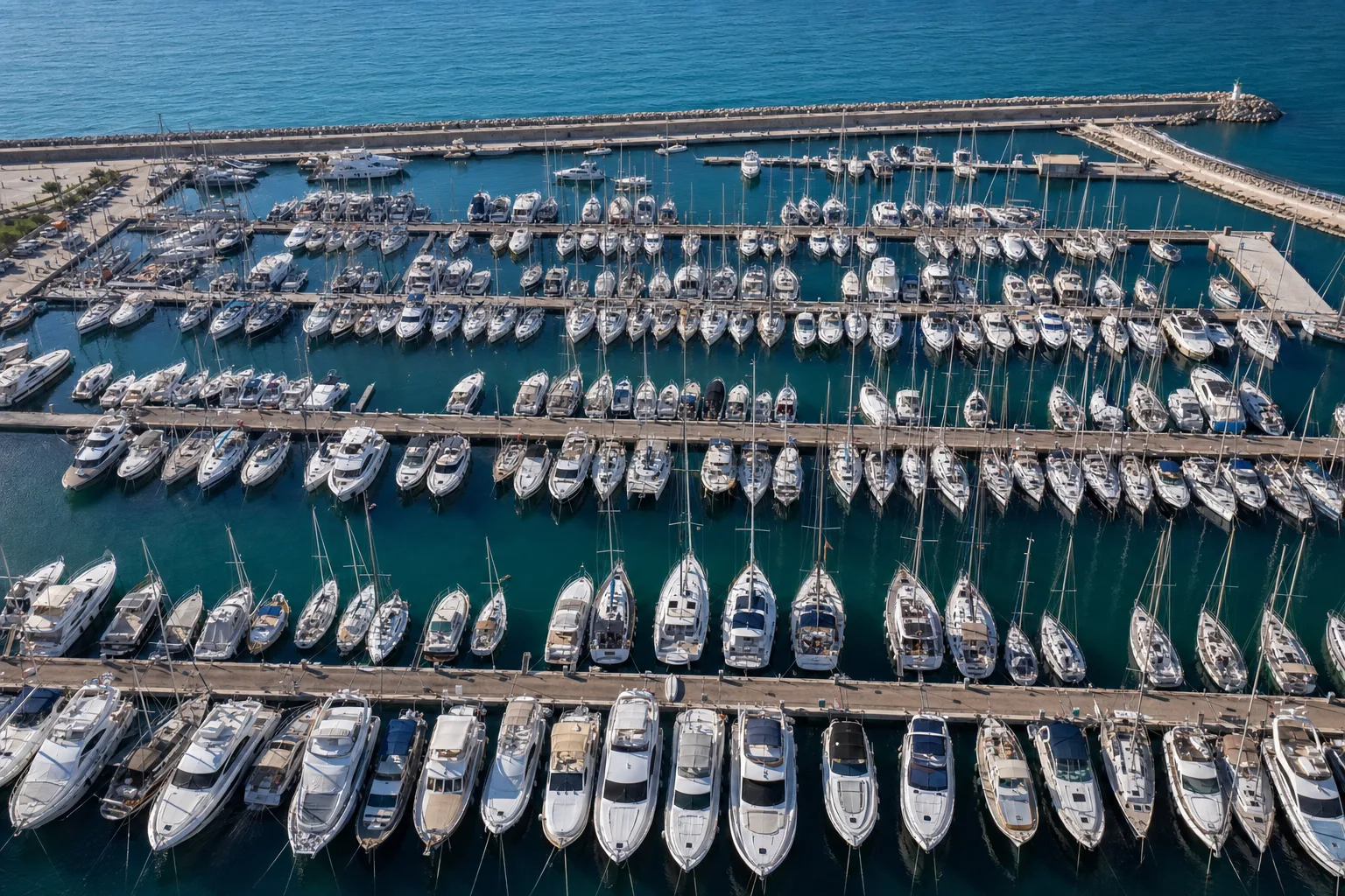An aerial view of a crowded Mediterranean marina with every berth occupied